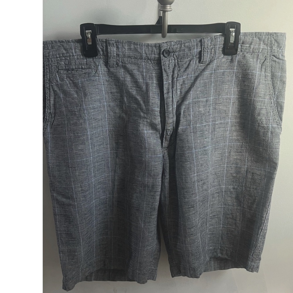 Cremieux Mens Glen Plaid Linen Cotton Shorts Blue White Size 38 Flat Front